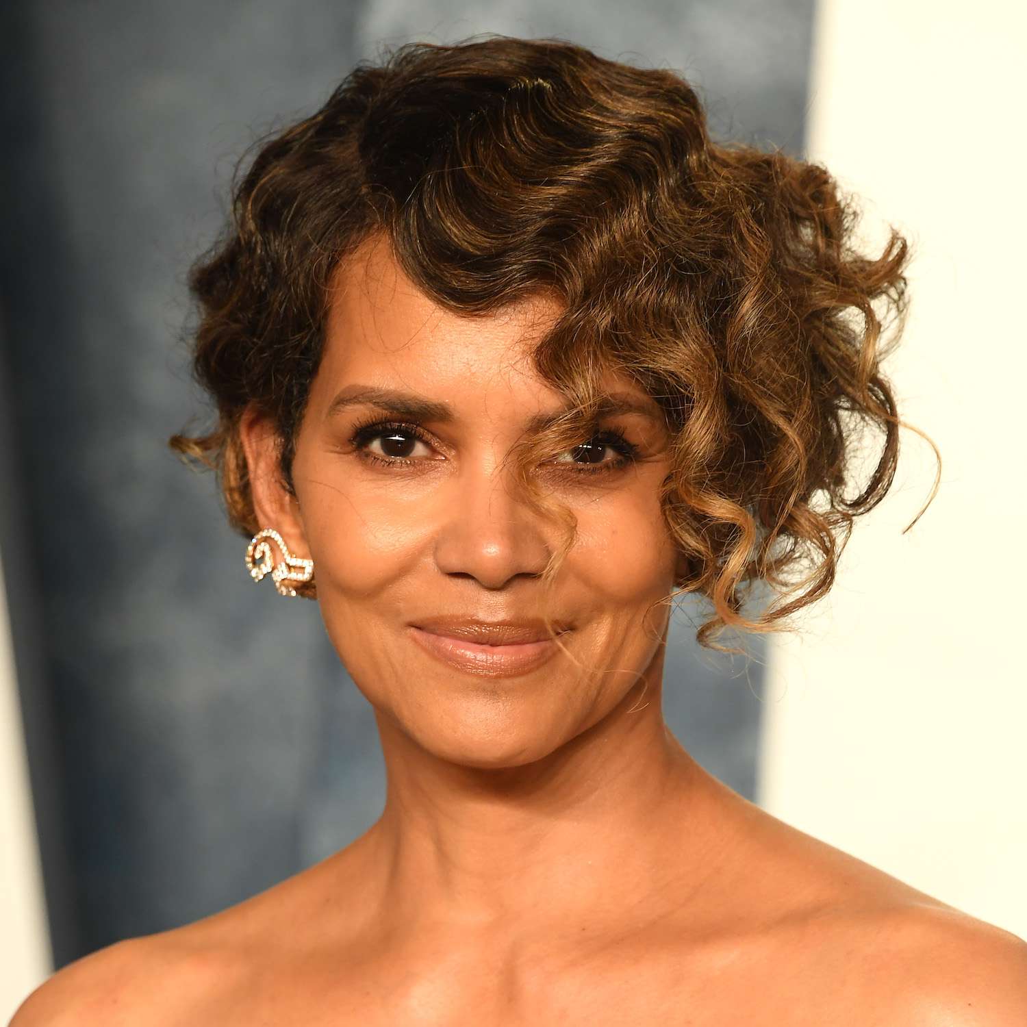 Halle Berry wears a curly updo hairstyle with face-framing finger waves