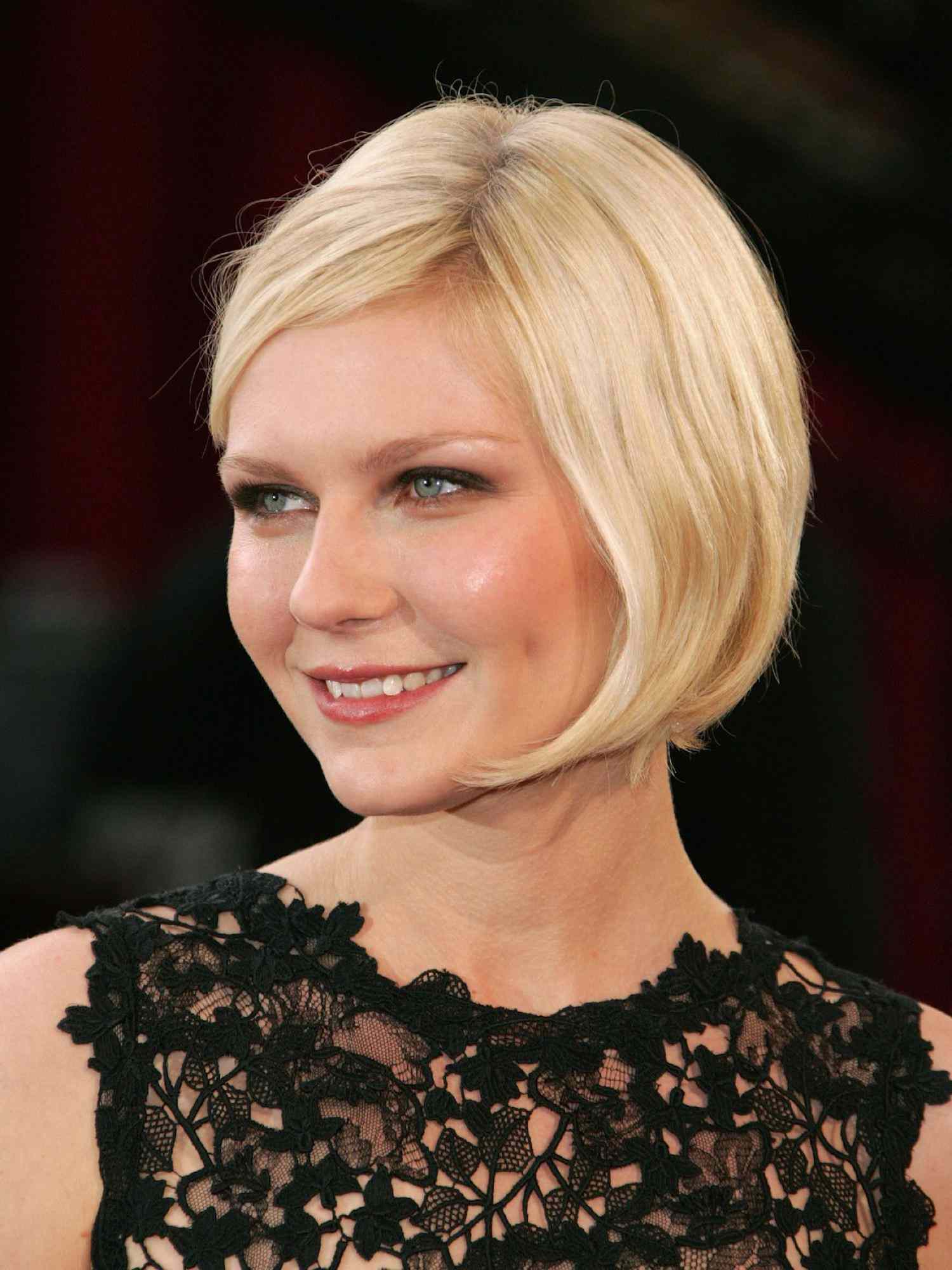 Close up of Kirsten Dunst with a blonde chin-length bob
