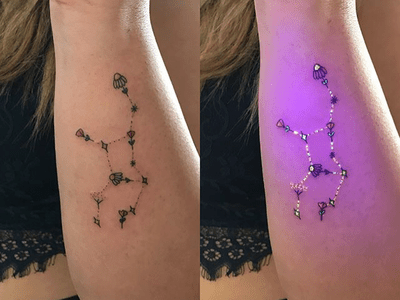 A side by side of a tattoo looking like regular ink and then how it glows in the dark