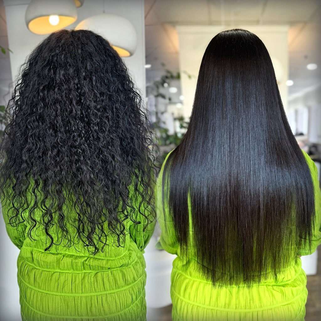 Naturally curly hair before and after a Brazilian blowout treatment